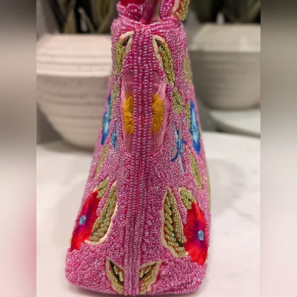 Vintage Hand Beaded & Embroidered Floral Purse with Pink Silk Lining - Picture 2 of 9